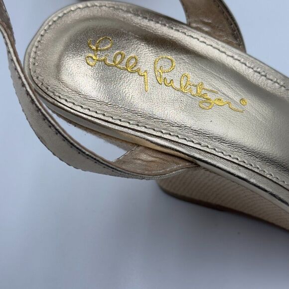 Lilly Pultzer Emmie Wedge Sandals, Natural/Gold, open-toe ankle strap Size 8.5. - Picture 7 of 8